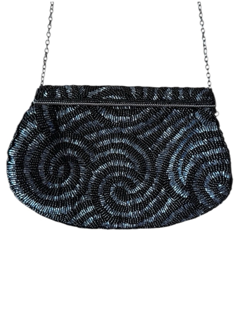 La Regale Vintage Beaded Purse Swirl Black Clutch Metal Chain Glam Statement
